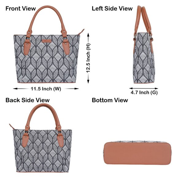 Hand Crafted Monochrome Printed Fabric Women Top Handle Handbag, Satchel Purse - Picture 3 of 11